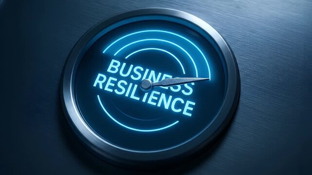Business resilience strategy concept for growth success planning and risk management performance leadership continuity and future stability planning with blue neon gauge dial showing corporate risk