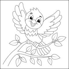 Fototapeta premium Cute Bird on Branch Line Art Coloring Page, Kawaii Nature Outline Illustration