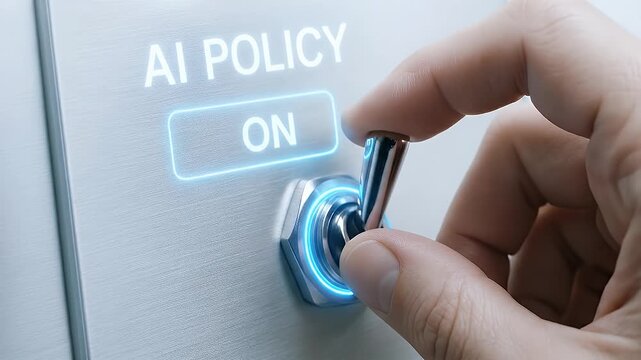 AI policy switch button hand technology control cybersecurity innovation artificial intelligence control system, human hand finger toggles digital safety regulation interface for cyber security