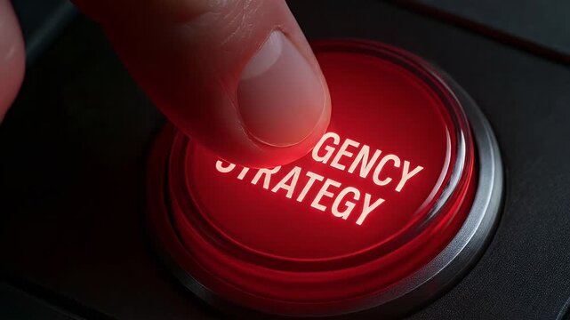 Emergency strategy red button alert warning crisis safety risk business concept urgent crisis management and risk planning with finger pressing shiny control symbol for emergency response urgency
