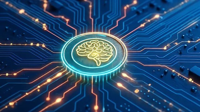 Futuristic technology artificial intelligence digital brain circuit neon blue glow cyber network chip data innovation science abstract pattern electronic processor concept modern virtual future