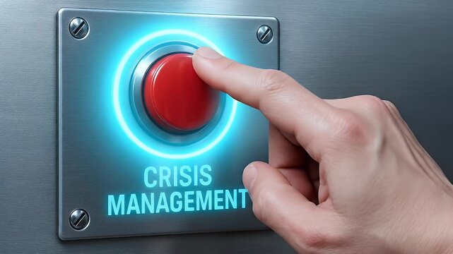 Crisis management emergency button hand finger warning alert risk hazard strategy planning response concept with human finger pressing glowing red control panel symbolizing alert response risk