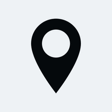 A black map pin icon on a white background for navigation and location purposes