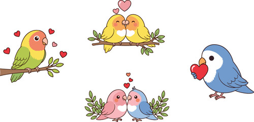 Naklejka premium Set of Colorful Love Birds Illustrations with Heart Symbols