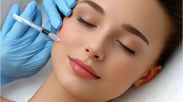 A woman is getting aesthetic treatment with a syringe aimed at her lips in a beauty salon. The focus is on her face and the injection