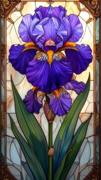 Purple Iris Flower Stained Glass Art With Green Leaves and Textured Background