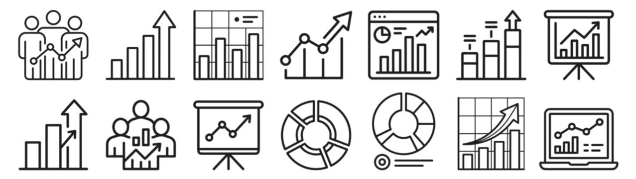 business analytics icon set, charts graphs data growth reports and dashboard elements, minimalist outline vector collection on transparent background