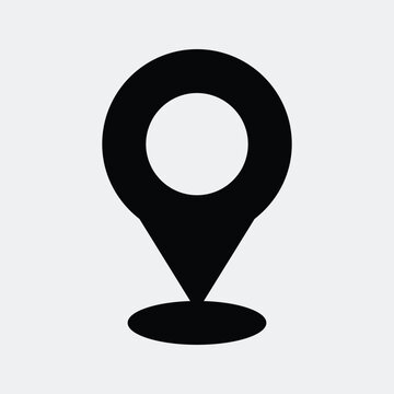 A black map pin icon on a white background for navigation and location purposes