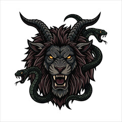 Fototapeta premium Mythical Beast Lion Head with Serpentine Neck Coiled Around a Fierce Face, Dark Fantasy Art Illustration