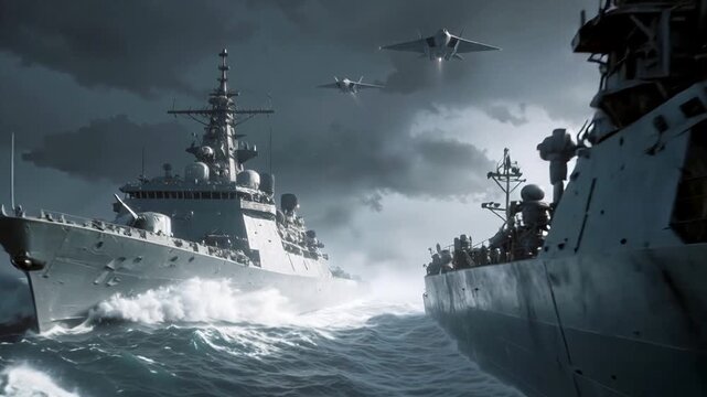Naval fleet sailing through stormy ocean with fighter jets flying overhead. Military warships navigating rough seas during lightning storm. Low angle tracking shot.
