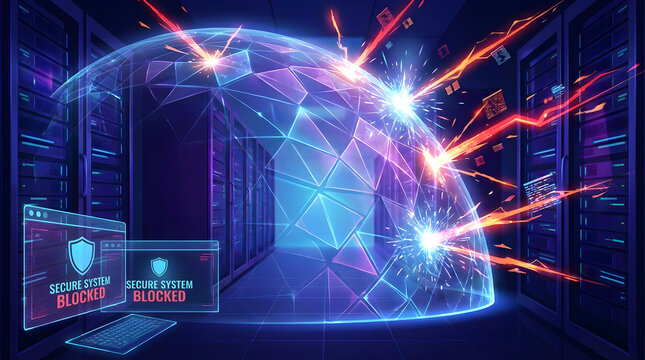 Dynamic digital shield actively blocks incoming cyber threats within a futuristic data center, symbolizing advanced network security and data integrity