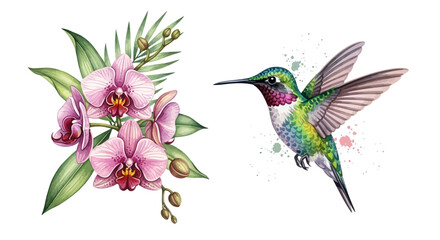 Obraz premium Watercolor hummingbird with orchid flowers and green leaves isolated on white