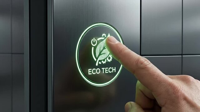 Finger eco tech green power button touch panel energy symbol modern eco technology energy touch button power green light environment innovation concept with finger pressing eco tech green leaf power