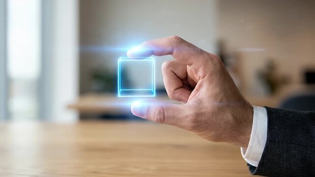 Futuristic hologram virtual cube innovation technology digital future business hand concept with cyber security data protection and digital privacy network safety encryption lock icon augmented