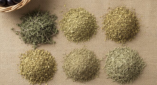 Various dried herbs and spices heaps on burlap background