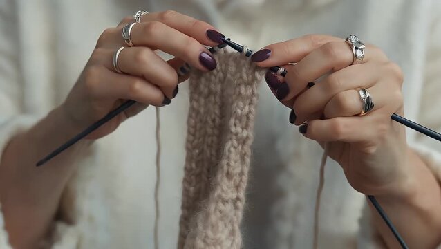An Artistic Close-Up of Female Fingers Adorned with Nail Enamel and Jewelry Engaged in Crafting a Tan-Colored Winter Scarf Using Yarn and Needles in Chilly Seasonal Conditions