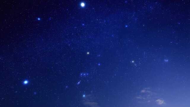 Orion constellation and Milky Way stars on a dark countryside skies. Time-lapse video.
