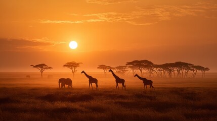 Fototapeta premium Silhouettes of African wildlife at sunset across the savanna