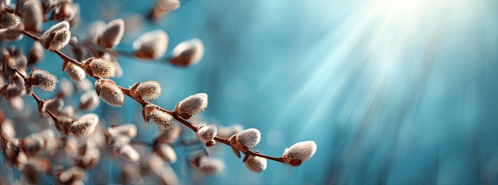 Soft pussy willow catkins on branches against a vibrant blue sky with bright sun rays