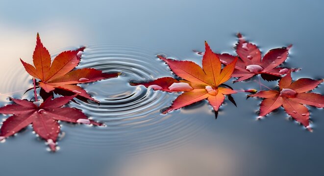 Vibrant autumn leaves gently floating on a rippling water surface with concentric waves.