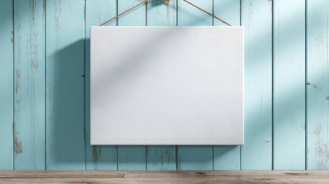 Stretched white canvas hanging on pale blue wood panel wall, modern wall art placeholder