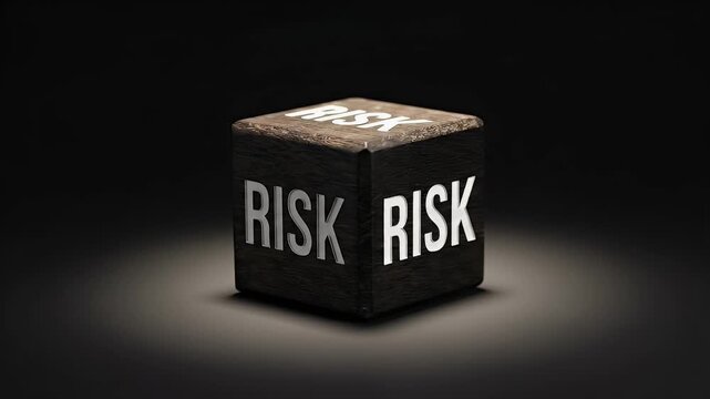 Risk cube concept for business finance investment strategy choice decision uncertainty and danger, opportunity metaphor with dark wooden blocks symbolizing risk cube business finance investment