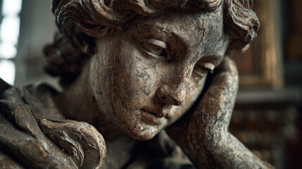 Obraz premium A close-up of a weathered stone angel statue with a melancholic expression, resting its cheek on its hand in soft moody light.