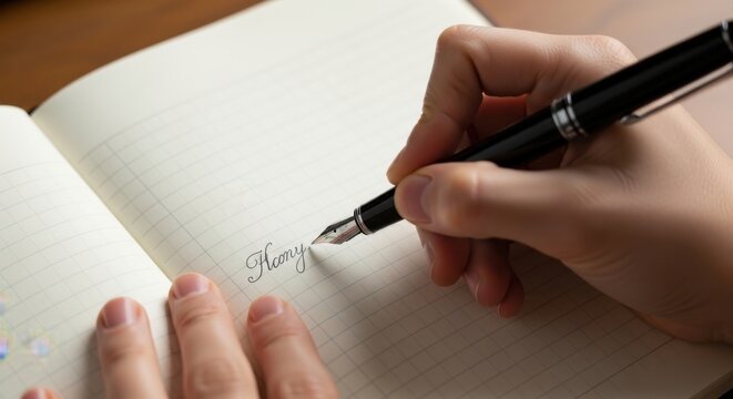 Close-up of a person's hand elegantly writing in a lined notebook with a classic black fountain pen, capturing the essence of thoughtful composition and personal journaling
