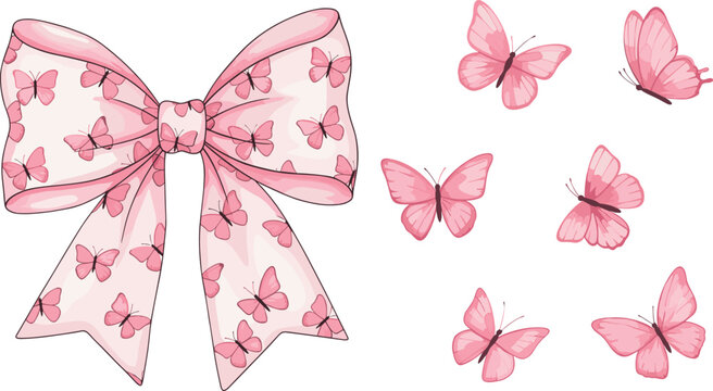 Pink bow with butterfly pattern and flying butterflies soft feminine decorative element watercolor style vector illustration set