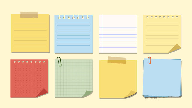 Isolated Pastel Sticky Note Collection Flat Style Memo Paper Set with Lined Grid and Dot Sheets with Tape and Clip Elements for UI Design