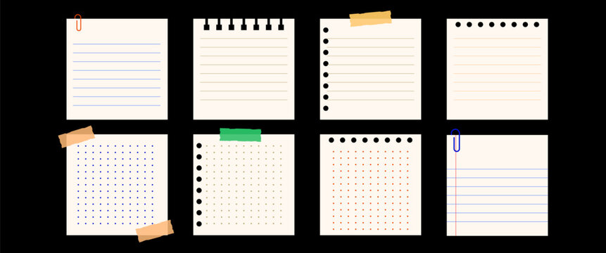 Sticky Note Illustration Bundle Clean Memo Paper Set with Lined Dot and Grid Layouts Notepad Sheets with Tape and Clips for UI Design