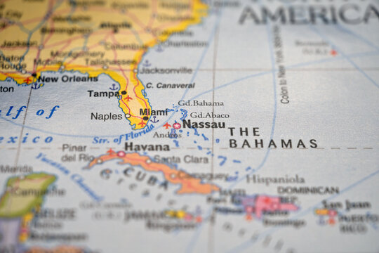 Nassau Bahamas Highlighted on Blurred World Map &ndash; Caribbean Capital Island City Concept