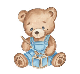 Cute bear plays with block in watercolor art © NATALIA
