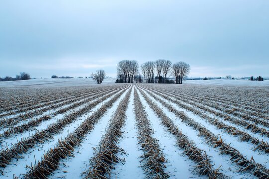 Rows of corn stubble in a quiet winter rural landscape