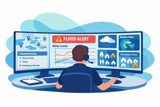 Emergency Dispatcher Monitoring Flood Alert at Command Center