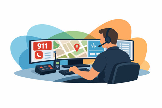 911 Emergency Dispatcher Working at Multi Monitor Control Station