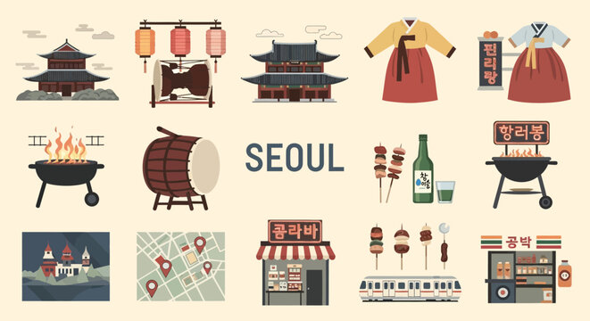 Vibrant illustration of Seoul's iconic landmarks, traditional clothing, street food, and transportation, capturing the essence of Korean culture and urban life.