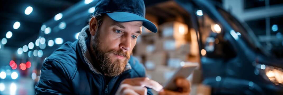 Shipping workflow with delivery driver scanning parcels beside cargo van