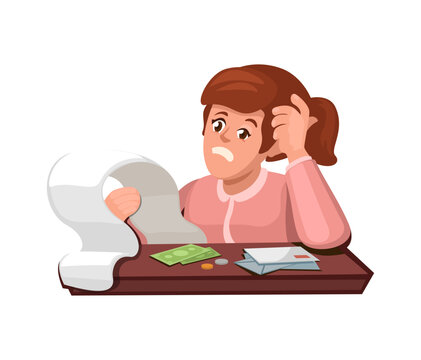 Worried Woman Checking Bills and Expenses &ndash; Financial Stress and Debt Concept Illustration