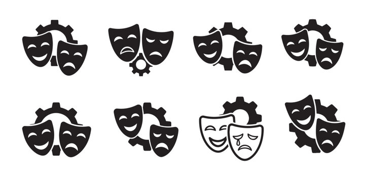 Set of theater masks and gears icons with tragedy mask comedy mask performance