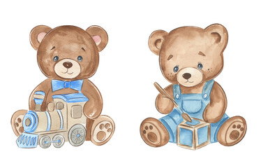 Cute bear plays with block in watercolor art © NATALIA