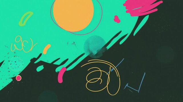 Playful abstract background with bright turquoise brushstrokes, neon geometric shapes, and sketchy doodle lines on a dark textured canvas.  Modern colorful abstract illustration with chaotic scribbles