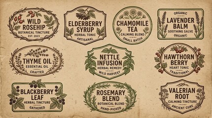 Obraz premium Hand Drawn Organic Botanical Label Frames Vintage Letterpress