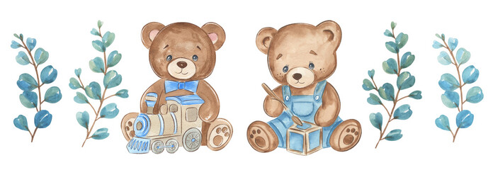 Cute bear plays with block in watercolor art © NATALIA