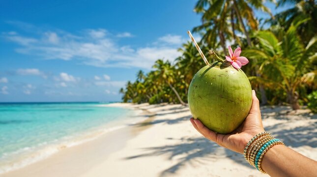 A hand with vibrant bracelets holds a refreshing green coconut drink with a straw and flower on a stunning tropical beach.