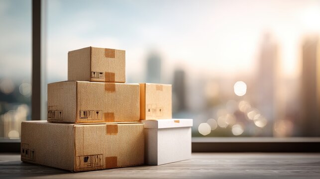 Stack of Cardboard Moving Boxes on Floor Near Window with Cityscape View in Warm Sunlight and Bokeh Lights Shipping Logistics and Delivery Concept