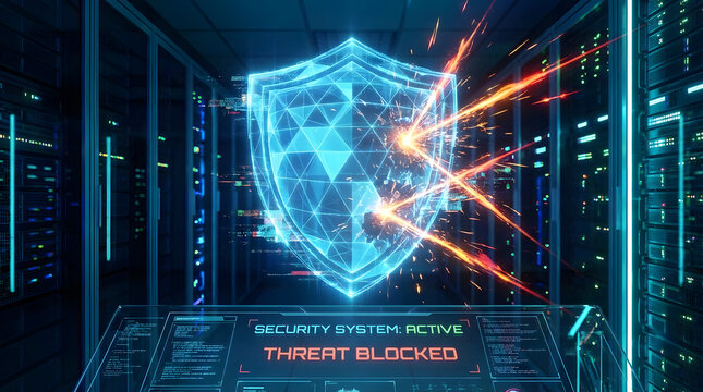 Cybersecurity shield actively defending a futuristic server room from digital threats, illustrating robust data protection and network defense systems