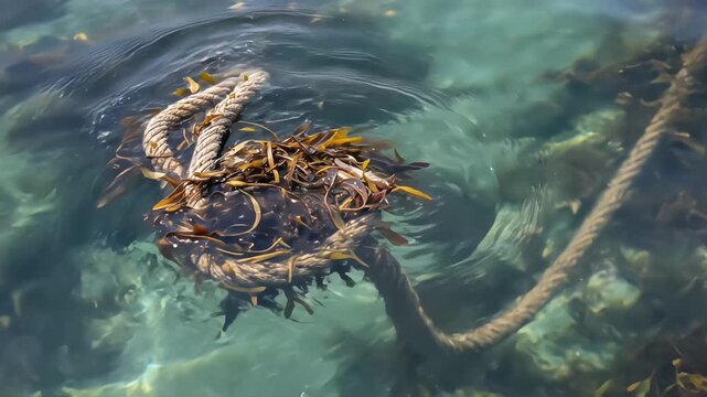 Thick rope tangled with seaweed in clear, shallow ocean water.