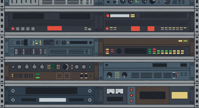 A rack of professional audio equipment.