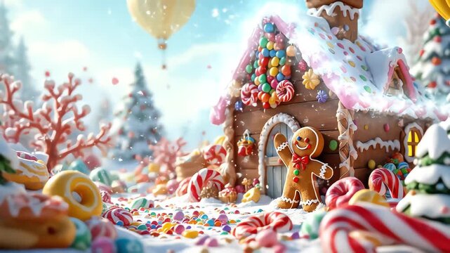 A whimsical gingerbread house decorated with colorful candies and sweets in the snow.